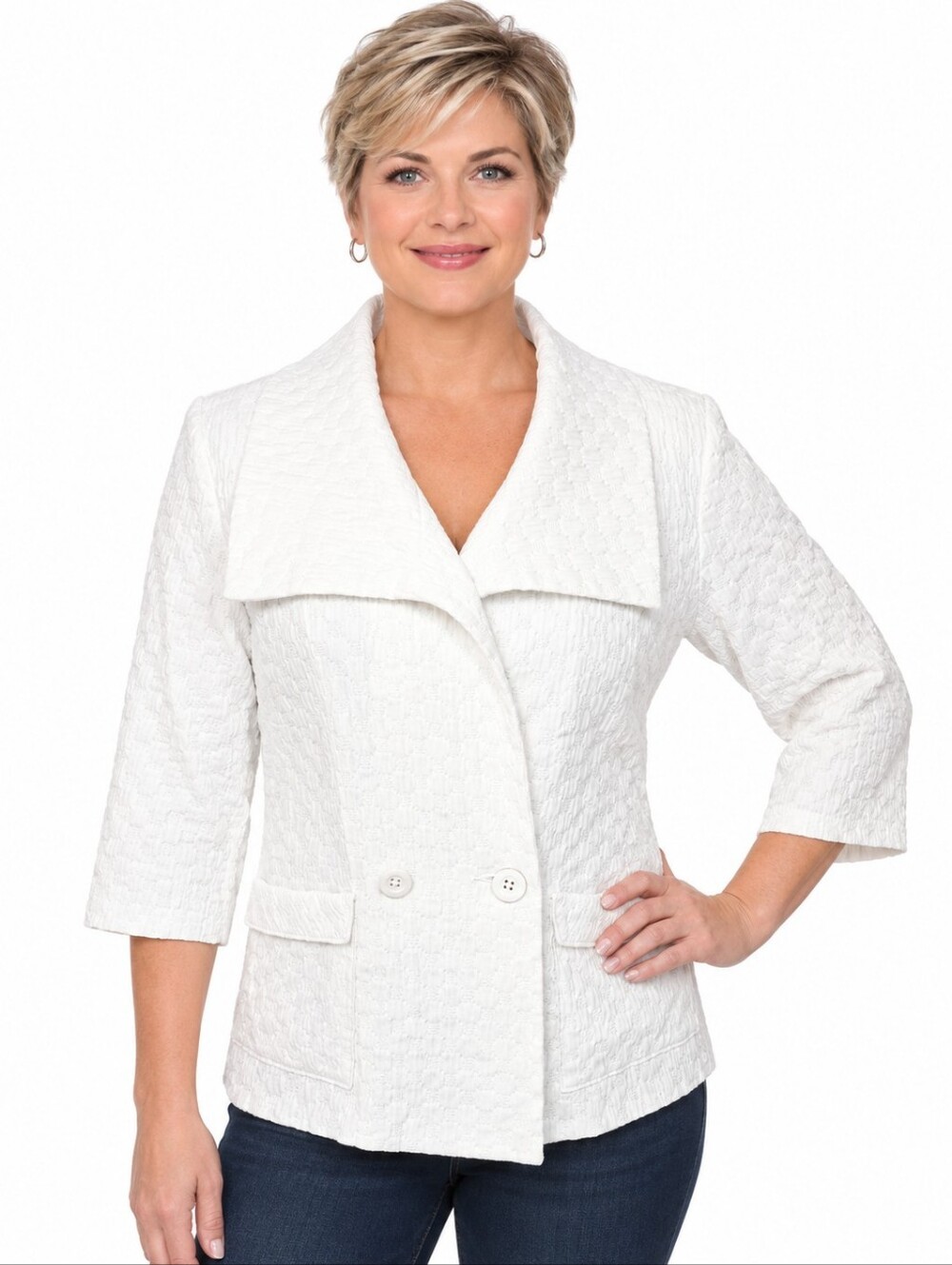 CAbi Womens White Jacket XL 3/4 Slv Pockets Collared Button # 212 Career Boho